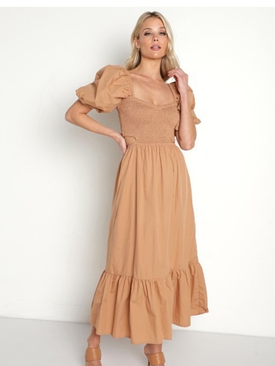 Faithfull the Brand Dresses & Skirts - Faithfull The Brand Smocked Puff Sleeve Maxi Dress in Hazelnut Size 2